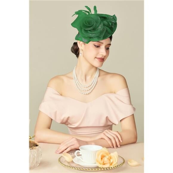 Kentucky Fascinator Derby Pillbox Hat Mesh Feathers Green - Picture 5 of 5